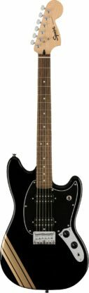 Squier FSR Bullet Competition Mustang HH Laurel Fingerboard Black Pickguard Black with Shoreline Gold Stripes