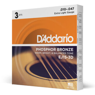 D'Addario EJ15-3D Phosphor Bronze Acoustic Guitar Strings - Extra Light - 3 Sets