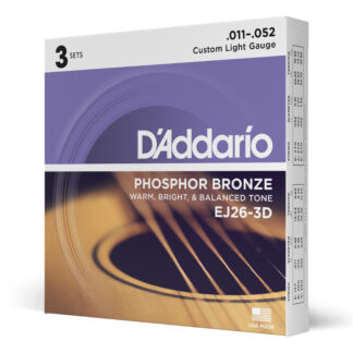 D'Addario EJ26-3D Phosphor Bronze Acoustic Guitar Strings - Custom Light - 11-52 - 3 Sets