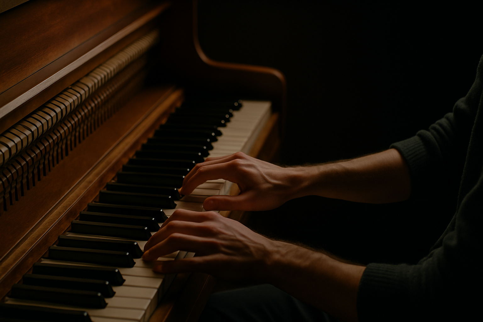 Close-up of hands playing an upright piano