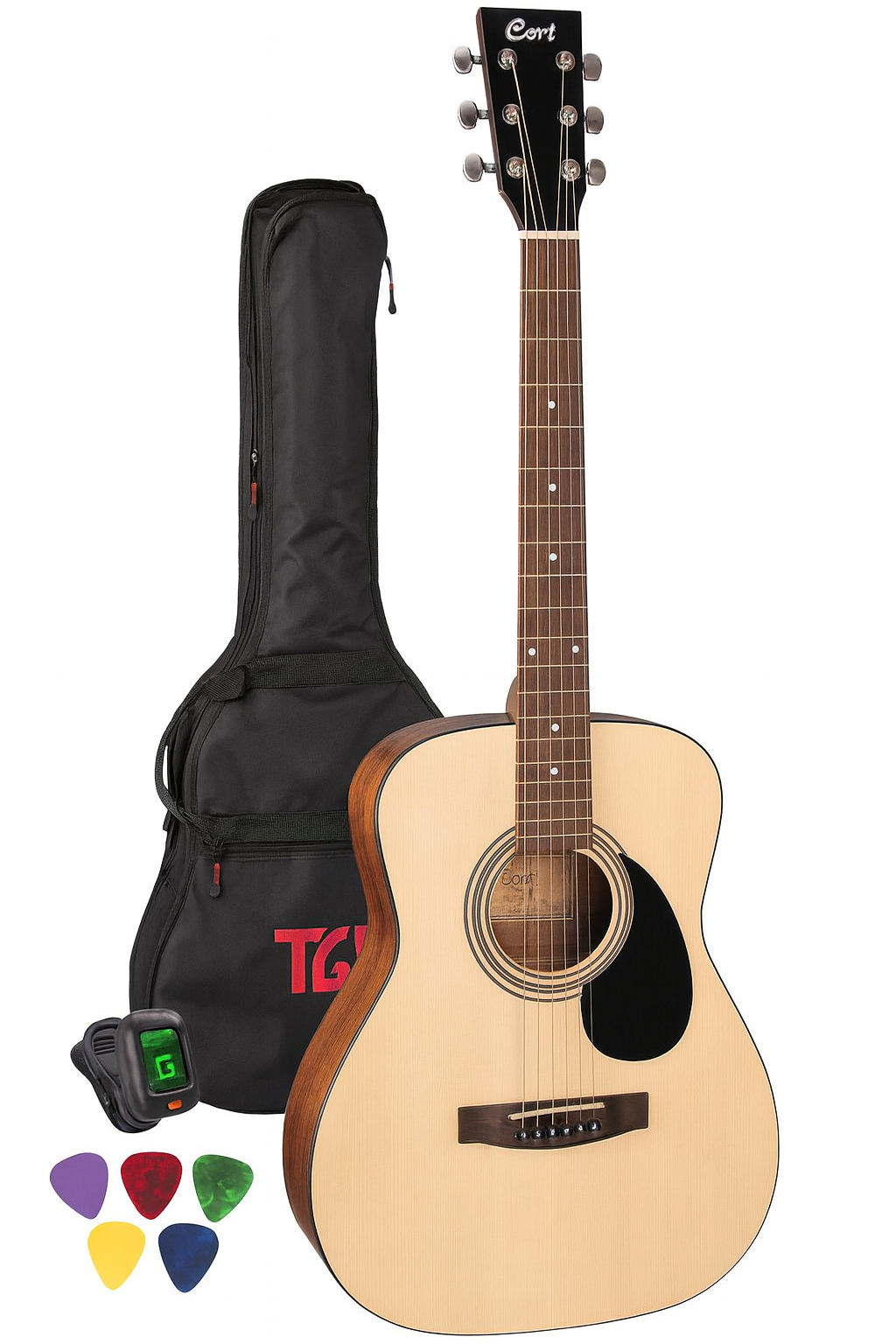 Cort AF510 Acoustic Guitar Christmas Starter Pack – TGI 4315 Transit Bag, Rotosound HT-200 Tuner & 5 Picks – Ideal Beginner Acoustic Guitar Gift